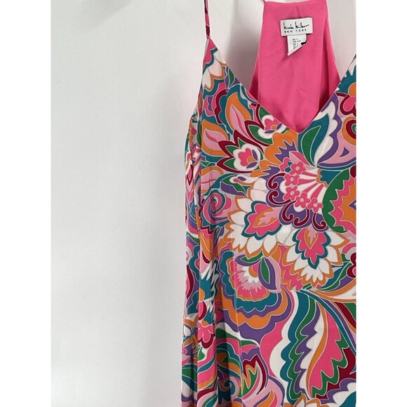 Nicole Miller Pink Print Maxi Dress Tropical Resort Sz Large - Picture 2 of 6